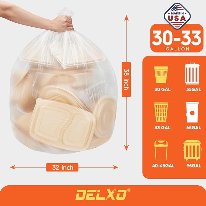 DELXO 30-33 Gallon Trash Bags, 250 Count Heavy Duty Large Clear Garbage Bags, Thick Durable and Puncture-Resistant Plastic Bags for Kitchens, Yards & Offices, Made in USA