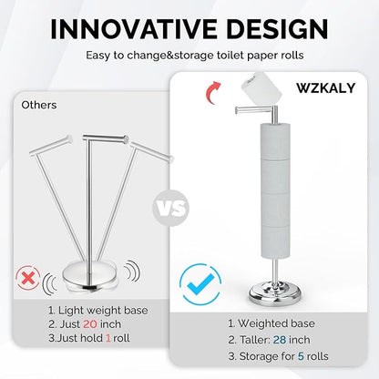 Freestanding Toilet Paper Holder Stand with Storage – Holds 4 Extra Rolls – Chrome Toilet Paper Holder for Bathroom – Sturdy Base, Classic Retro Style, Space-Saving Bathroom Storage Organizer