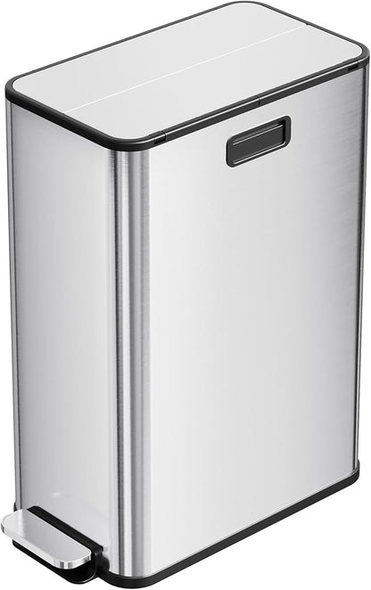 2 x 7.4 Gal (2 x 28L) Slim Trash Can, Stainless Steel Dual Compartment Step-On Recycling Bin with Butterfly Lids & Removable Plastic Inner Buckets for Kitchen, Home, Office