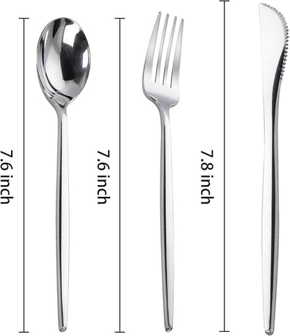 PULOTE 300PCS Silver Plastic Silverware Disposable - Heavy Duty Silver Plastic Cutlery - Disposable Utensils Set Include 100 Knives, 100 Forks and 100 Spoons for Party & Wedding