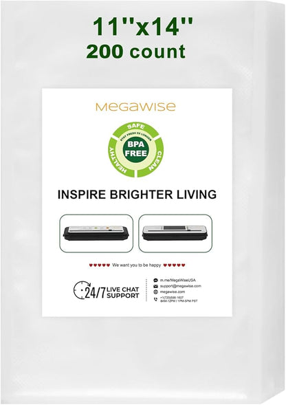 MEGAWISE Vacuum Sealer Bags 11" x 14", 200 Count, BPA-Free, Textured Design for Stronger Seal, Works with MEGAWISE & All Vacuum Sealers