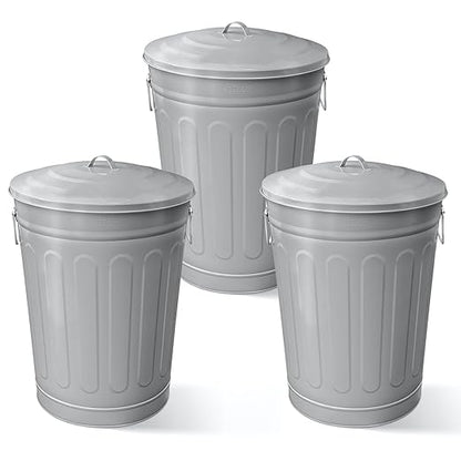 Plexon Round Trash Can 13 Gallon, Vintage Metal Outdoor Trash Can with Lid, Retro Farmhouse Garbage Container, Old School Modern Ash Bucket, Gray 3 Pack