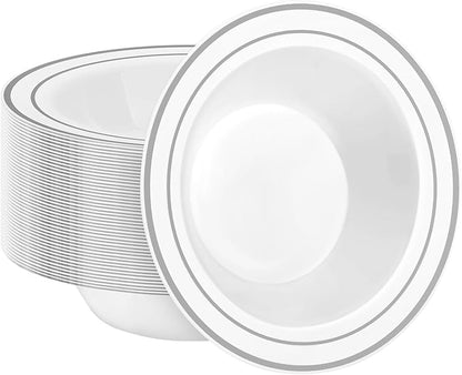 50 Pack Disposable Soup Bowls with Silver Rim, 12oz Premium Heavy Duty Plastic Dinner Bowls for Party, Wedding and Holiday