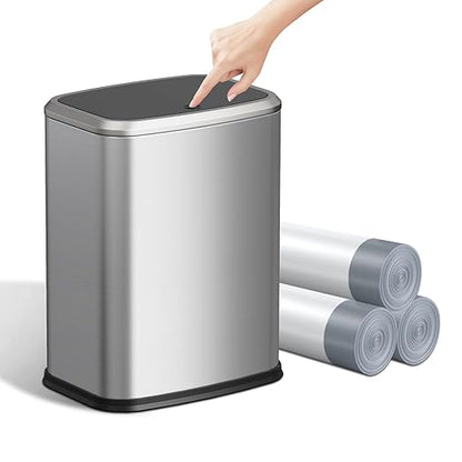 2.1 Gallon Bathroom Trash Can with Lid Press Top, 8 Liter Stainless Steel Garbage Can with Press Type Lid, Slim Trash Bin Waste Basket for Toilet, Office, Bedroom, Living Room (Silver)