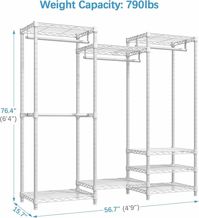 VIPEK V5 Medium Portable Closet Wardrobe Heavy Duty Clothes Rack, Freestanding Closet Metal Clothing Rack with 4 Hang Rods & 8 Shelves, Adjustable Custom Closet Rack, 56.7" Lx15.7 Wx76.4 H, White