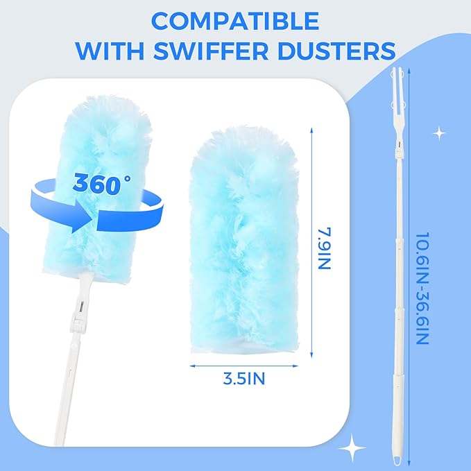 Disposable Duster Refills 8-Pack with Extendable Handle, 360° Electrostatic Dusting Tool, Adjustable Angle for Ceiling/Fan/Furniture Cleaning (Compatible with Multi-Brand Heads)