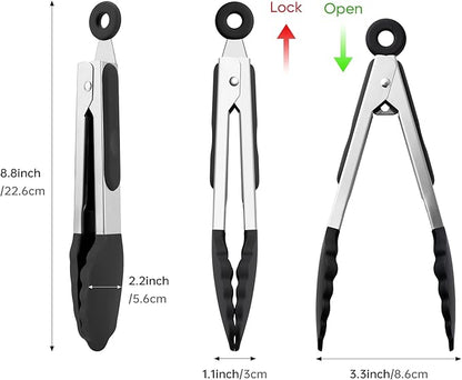 7-Inch Silicone Tongs Pack of 3, Small Tongs with Silicone Tips for Cooking, Barbecue, Buffet Serving (7", Black/Grey/White)