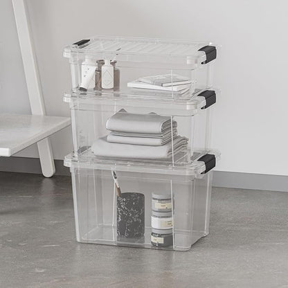 Superio Clear Storage Bins with Lids, Stackable Deep Storage Boxes with Latches and Handles, Extra Small, 4 Pack, Deep Containers for Home, Garage, and Kitchen