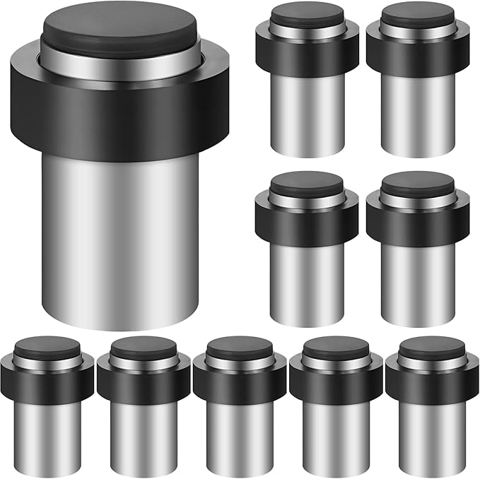 Chumia 10 Pcs Door Stopper Mounted Floor Stops Stainless Steel Cylindrical Stopper Modern Decorative Rubber Bumper Stops Holder Wall Protector for Bottom or Top of Door (Silver)