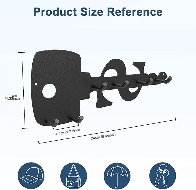 PMMASTO Key Holder Wall Mounted, Key Hooks for Wall, Stainless Steel Black Key Organizer with 6 Hooks, Decor Rack for Entryway, Hallway, Garage, Mudroom, Office