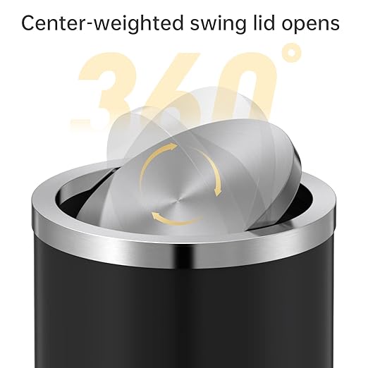 Mbillion Small Trash Can with Swing Lid 2.4 Gallons/9 Liter, Mini Trash Can with lid, Stainless Steel Cylindrical Garbage Can for Home and Office Bathroom Bedroom, for Ground and Desktop(Black)