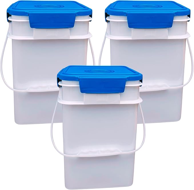 House Naturals 4 Gallon Square Food Grade Bucket Pail with Plastic Handles and Lid (Pack of 3) Made in USA containers (White - Blue lids)