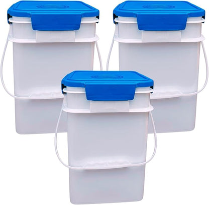 House Naturals 4 Gallon Square Food Grade Bucket Pail with Plastic Handles and Lid (Pack of 3) Made in USA containers (White - Blue lids)