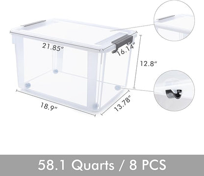 Citylife 58.1 QT Plastic Storage Bins with Latching Lids Stackable Storage Containers for Organizing Large Clear Storage Box for Garage, Closet, Kitchen, 8 Packs