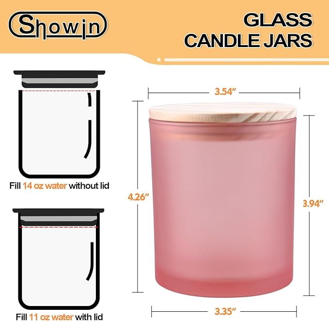 SHOWIN 14 OZ Thick Candle Jars for Making Candles 12 Pcs, 3 Wick Empty Jars with Wood Lids for Candle Making, Sample Container, Frosted Pink