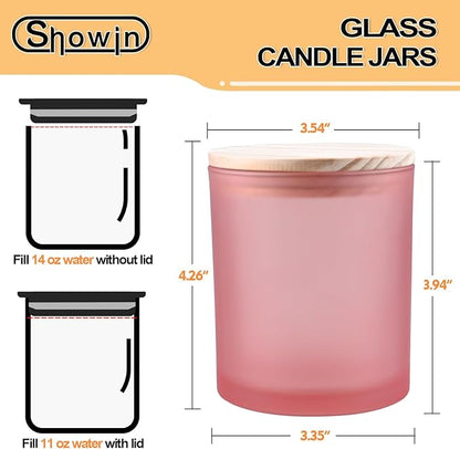 SHOWIN 14 OZ Thick Candle Jars for Making Candles 12 Pcs, 3 Wick Empty Jars with Wood Lids for Candle Making, Sample Container, Frosted Pink
