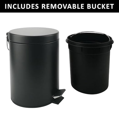 Stainless Steel Small Trash Can with Lid & Step Pedal - 5 Liters/1.3 Gallon Soft Close Waste Basket with Removeable Inner Bucket - Garbage Can for Bathroom, Bedroom, Kitchen & Office (Black)
