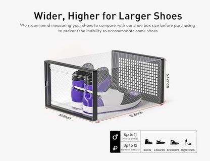 Kuject X-Large Shoe Storage Boxes Organizers Clear Plastic Stackable 12 Pack, Shoe Rack & Holder Substitute, Sneaker Containers, Toy Storage Organizer Bins for Entryway, Closet, Under Bed, Black