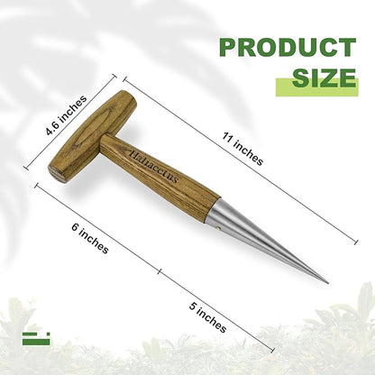 Haliaeetus Dibber Garden Tool, Stamped Stainless Steel Tip Seed Dibber, Smooth Splinter-Free T-Shape Wood Handle Dibbler with Comfortable Grip, 11'' Dibber for Planting Seed and Transplanting Seedling