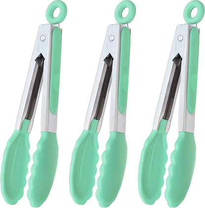 Mini Tongs with Silicone Tips 7 Inches Silicone Cooking Tongs, Set of 3 (Mint)