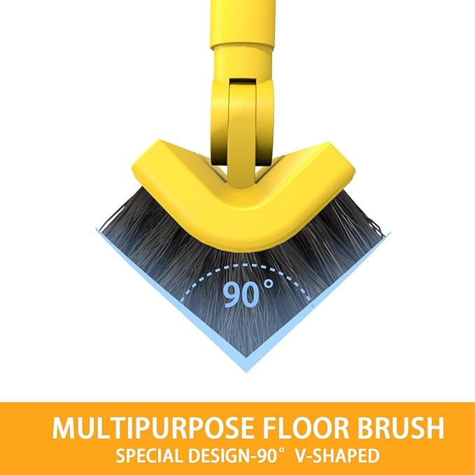 Multi-Purpose V-Shaped Grout Brush with 16.9" Floor Squeegee Set, Long Handle Floor Scrub Brush for Cleaning Bathroom Tile Corner Baseboards, Squeegee for Cleaning Garage Floor Window Glass