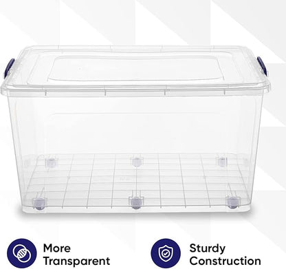 Superio Clear Storage Boxes with Wheels (2 Pack), 85 Qt Heavy Duty Containers with Lids, Stackable Rolling Bins for Home, Garage, Closet Organization- Linen, Tools, Clothing, Supplies