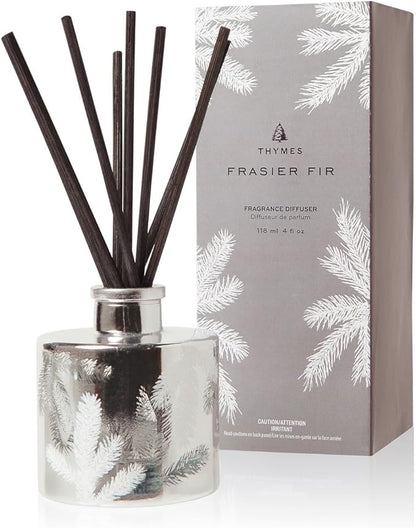 Thymes Frasier Fir Reed Diffuser Set – Includes Reeds, Fragrance Oil, and Frosted Glass Bottle – Fragrance Oil Diffuser – Room Fresheners – Luxury Home Decor – Silver (Statement, 4 fl oz)