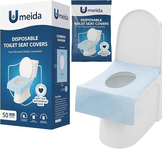 50 Count Disposable Toilet Seat Covers with Secure Adhesive Tabs for a Non-Slip Fit - XL Extra Large, Waterproof, Individually Wrapped for Travel, Kids, Adults, and Public Restrooms