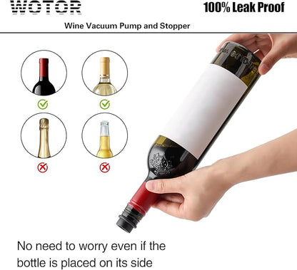 WOTOR Wine Saver Vacuum Pump with 4 Stoppers, Wine Stopper & Preserver, Reusable Bottle Sealer Keeps Fresh, Ideal Accessories Gift (Flat Handle)