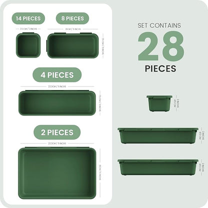 A-LuGei 【28PCS】 Drawer Organizer, Bathroom Organizers and Storage, Makeup organizer, Desk drawer organizer, Storage Bins for Kitchen Office Bedroom Vanity Jewelry Pantry Garage【ArmyGreen】【4Size】