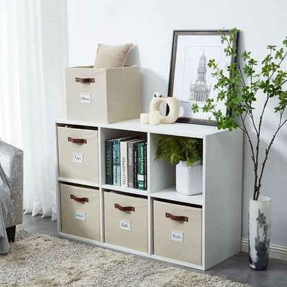 DECOMOMO Storage Bins, Cube Storage Bin with Labels, Fabric Storage Cubes for Shelves (10.5" x 11" / 2pcs, Beige)