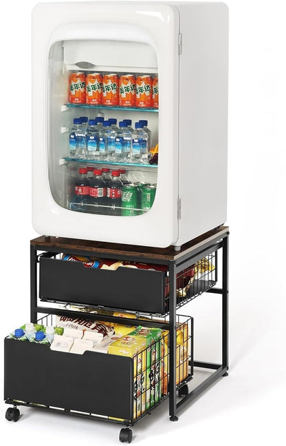 Mini Fridge Stand with Storage Drawer, 21.7”x21.7” Heavy Duty Mini Fridge Table with Wheels, Rolling Beverage Cart with Basket for Home, Office, Bedroom, Brown