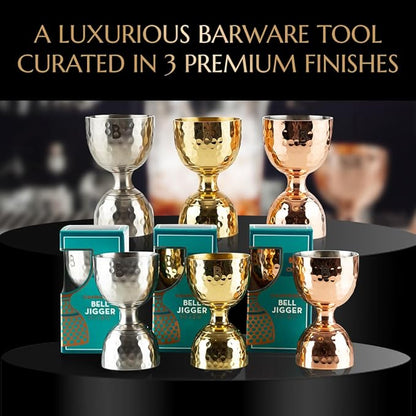 Hammered Bell Jigger by Bull In China - Premium 100% Brass with 0.25oz to 2oz Measures for Cocktails, Bars & Bartenders