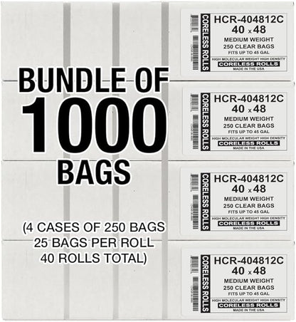 Aluf Plastics High Density Trash Bags, 45 Gallon, 1000 Count, 12 Micron (eq), 40" x 48", Clear, for Bathroom, Office, Industrial, Commercial, Janitorial, Municipal, Recycling