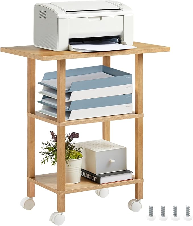 Lerliuo 3 Tier Printer Stand with Storage, Printer Table for Home Office, Wooden Rolling Printer Cart Shelf with Lockable Wheels fit Fax Machine, Scanner(Natural)