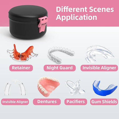 BVN Leak-Proof Denture Bath Cup for Travel, Denture Cup for Soak Dentures, Retainer Cleaning Case with Strainer (Black + Pink)