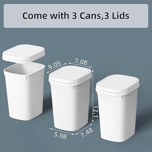 3 Pack Bathroom Small Trash Can with Lid, 2.6 Gallon Slim Garbage Bin with Pop-Up Lid, 10L Plastic Wastebasket for Bedroom, Office, Kitchen, Toilet (White)