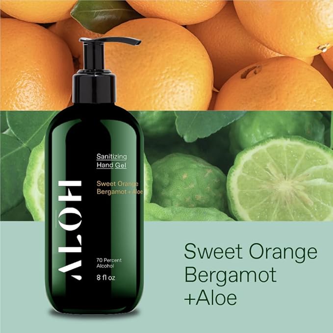 ALŌH Sanitizing Hand Gel 2-pack | Sweet Orange Bergamot + Aloe | 70% Alcohol Hydrating Hand Sanitizer Gel with Essential Oil, for Kids & Adults | 8oz Bottle (Set of 2)