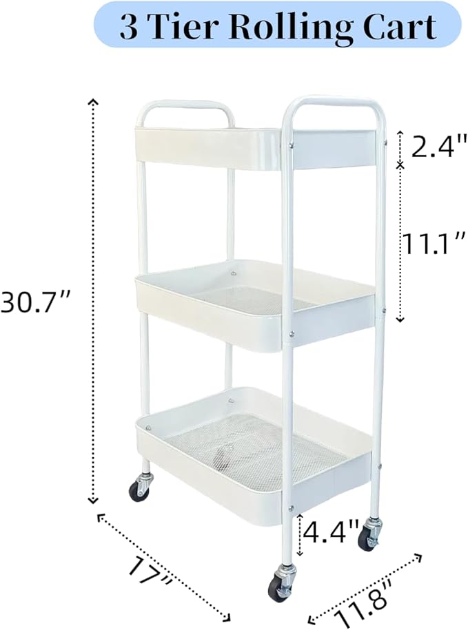 Metal 3 Tier Rolling Cart with Wheels for Kitchen Storage & Laundry Room Organization, Bedside Cart with Handle and 4 Hooks, Versatile Large Capacity Art & Craft Storage Organizer, White