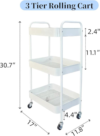 Metal 3 Tier Rolling Cart with Wheels for Kitchen Storage & Laundry Room Organization, Bedside Cart with Handle and 4 Hooks, Versatile Large Capacity Art & Craft Storage Organizer, White