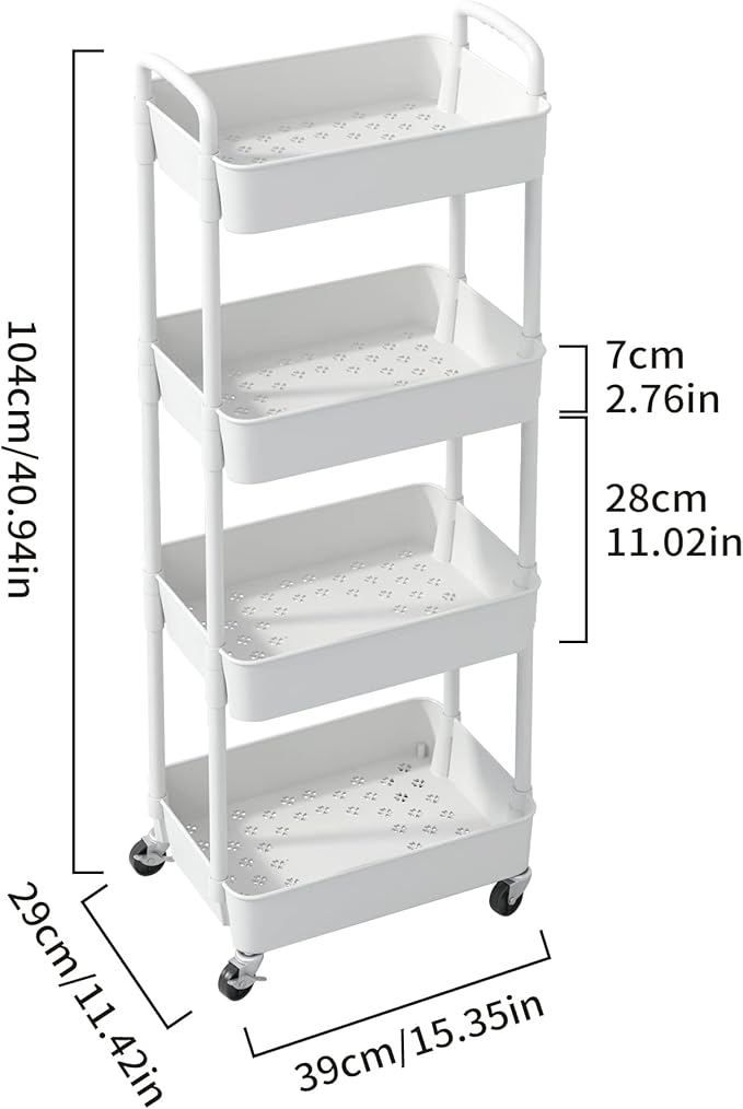 Sywhitta 4-Tier Plastic Rolling Utility Cart with Handle, Multi-Functional Storage Trolley for Office, Living Room, Kitchen, Movable Storage Organizer with Wheels, White