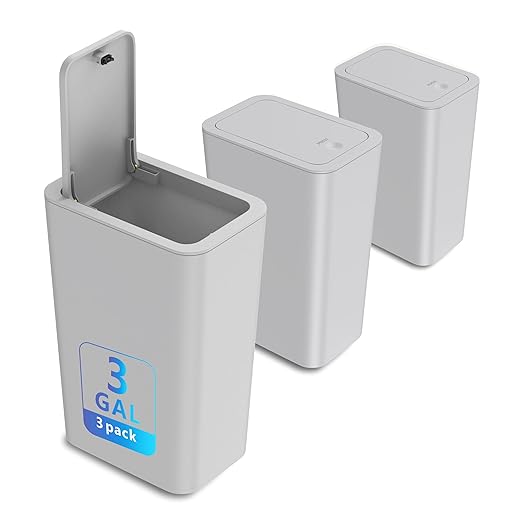 N. NETDOT 3 Pack Small Trash Can with lid, 3 Gallon Bathroom Trash Can,Garbage Can Slim Trash Bin Waste Basket for Bathroom,Kitchen,Bedroom,Living Room,Office,Laundry - Grey