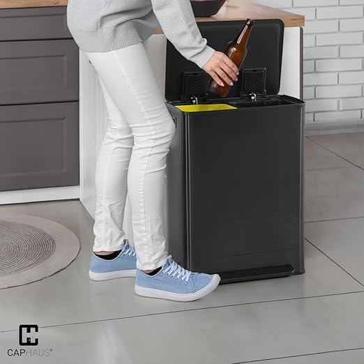 CAPHAUS Black Dual Trash Can w/Single Lid, Trash & Recycle Bins Combo, Hands-Free Stainless-Steel Garbage Can for Kitchen, with 2 Compartment, Hinged Lid, Odor Filters, Handles, 30L+30L, 2 x 8 Gal