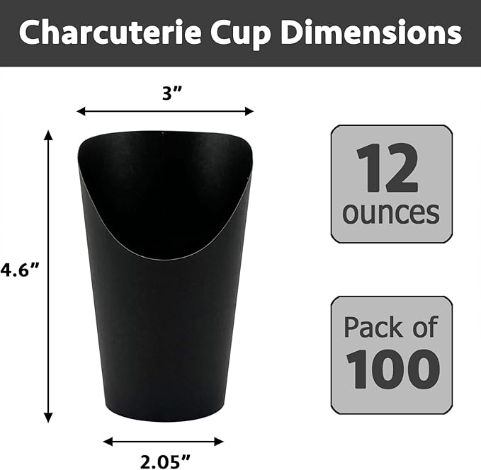 CAMKYDE 100 Pcs French Fries Holder, 12oz Disposable Paper French Fry Cups Black Charcuterie Cups for all Occasions (12oz, Black)
