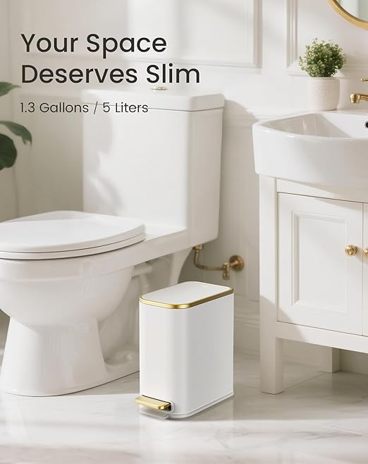Cesun Small Bathroom Trash Can with Lid Soft Close, 5 Liter/1.3 Gallon Stainless Steel Garbage Can with Removable Inner Bucket, Step Pedal, Slim Waste Basket for Toilet, Office, Bedroom (White&Gold)