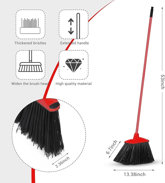 12 Pcs Heavy Duty Commercial Angle Broom 53 Inch Long Handle for Sweeping Indoor Outdoor - Garage, Courtyard, Patio, Lobby, Mall, Market, Shop, Sidewalk Floor (Red)