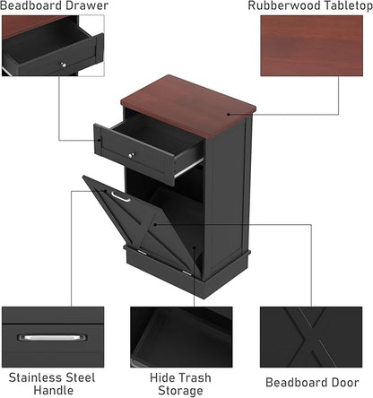 Betterhood Tilt Out Trash Cabinet 10 Gallon Wooden Free Standing Laundry Sorter, Recycling Cabinet with Hideaway Drawer, Tilt Out Trash Can Bin (Black) 35.6 H x 20.5 L x 13 W