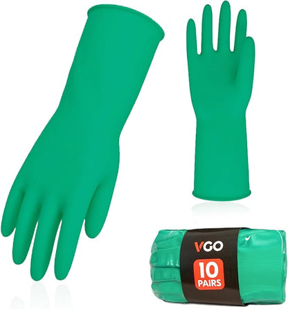 Vgo... 10-Pairs Reusable Household Gloves, Rubber Dishwashing gloves, Extra Thickness, Long Sleeves, Kitchen Cleaning, Working, Painting, Gardening, Pet Care (Size XL, Green, HH4601)