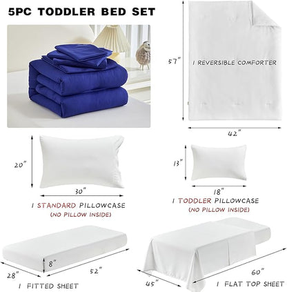 Toddler Bedding Set - 5 Piece Soft and Breathable Toddler Bed Set for Boys and Girls, Includes Quilted Comforter, Fitted Sheet, Flat Top Sheet, Standard Pillowcase and Toddler Pillowcase, Navy