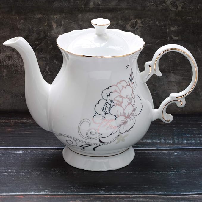 Jomop European Style Ceramic Flower Teapot Coffee Pot Water Pot Porcelain Gift Large 5.5 Cups (1, White)